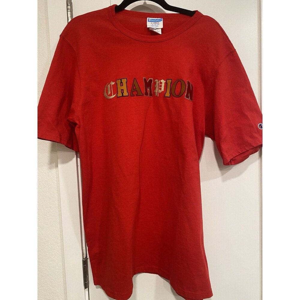 Vtg Champion T-Shirt Men’s XL Authentic Embroidered Spellout Logo Red Y2K